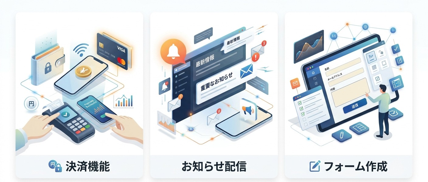 決済導入・お知らせ配信・フォーム作成の3つのサービスを表すアイコンイラスト